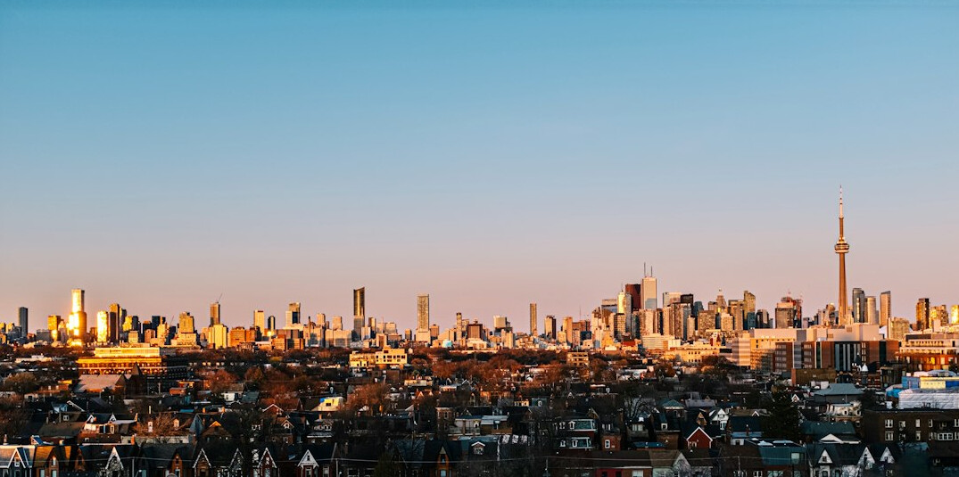 modern city skyline at dusk